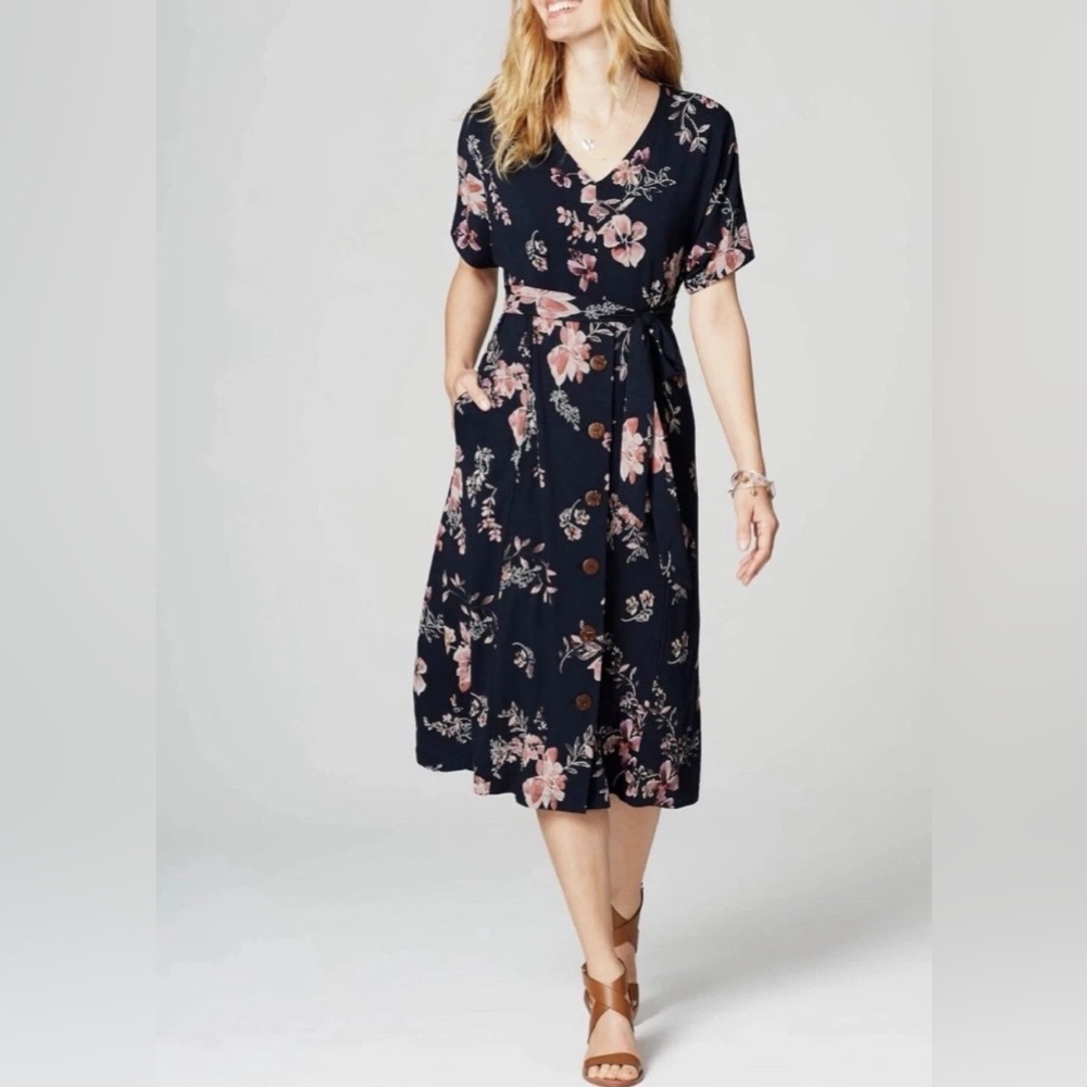 J. Jill Navy Midi Dress with Pink Floral Print and Dolman Sleeves